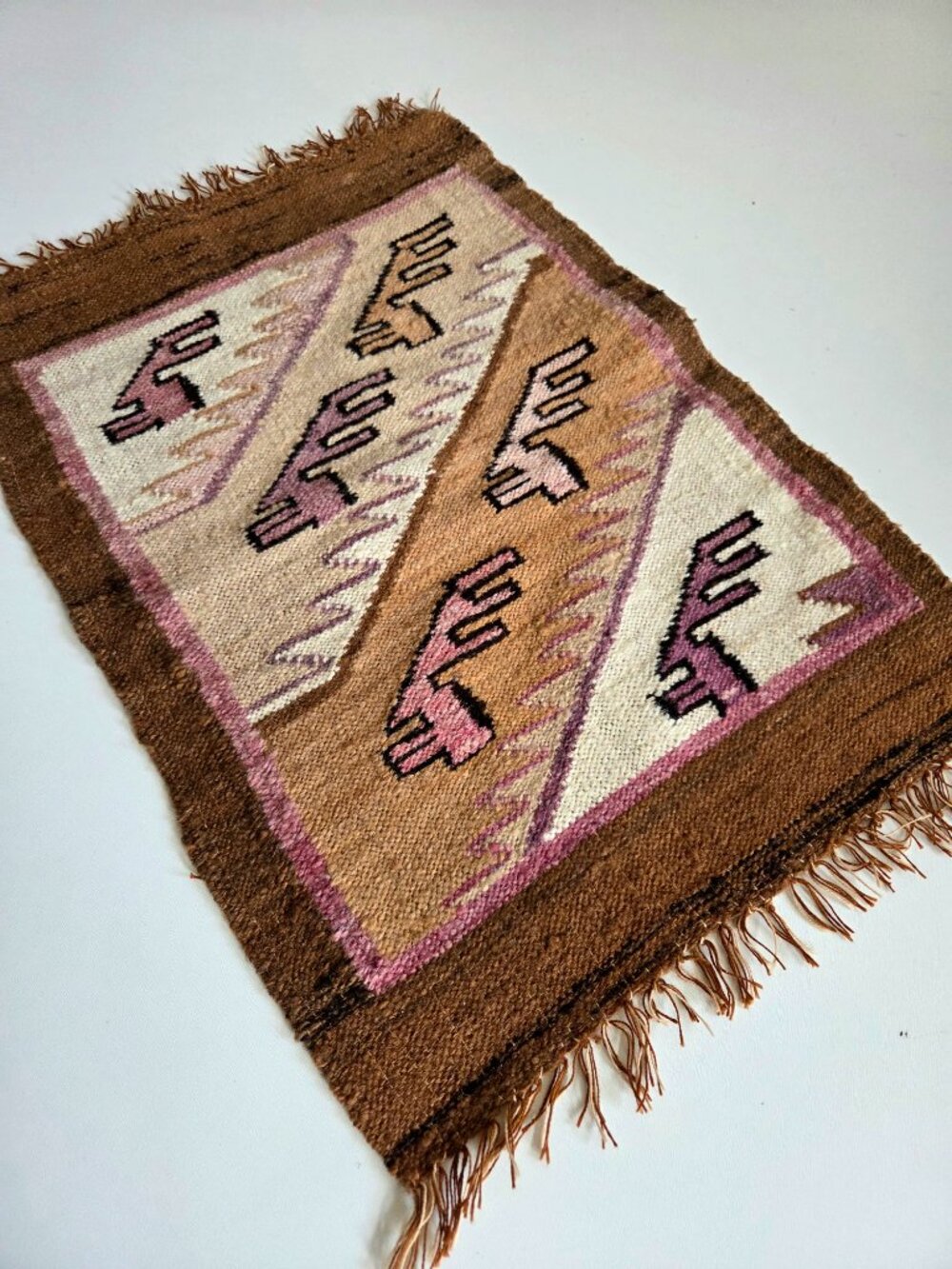 Small Wool Mexican Handmade Tapestry Rag Geometric Design - Picture 3 of 4